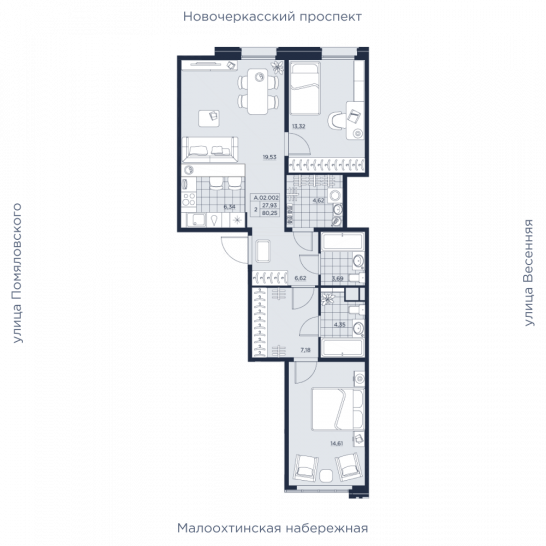 Двухкомнатная квартира 80.25 м²