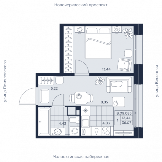 Однокомнатная квартира 36.07 м²