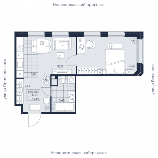Однокомнатная квартира 45.56 м²