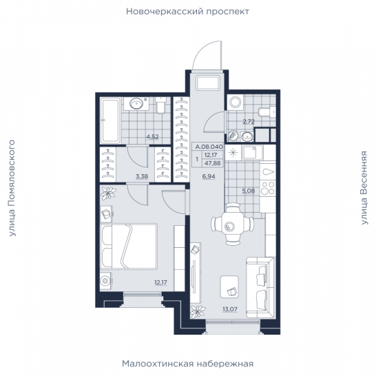 Однокомнатная квартира 47.88 м²