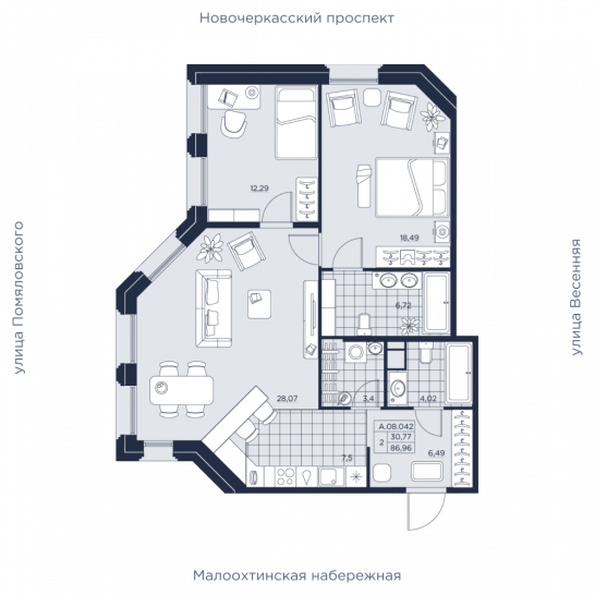 Двухкомнатная квартира 86.96 м²