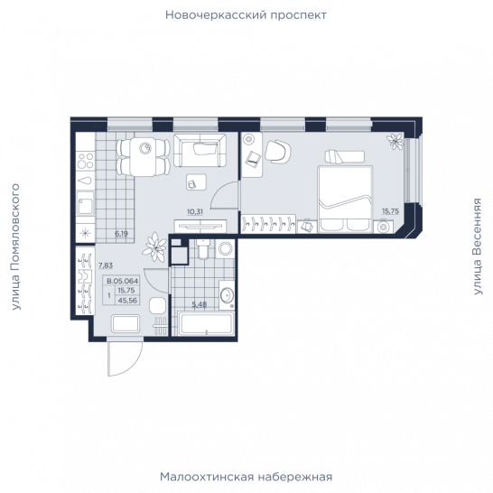 Однокомнатная квартира 45.56 м²