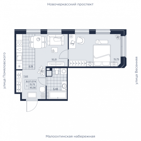 Однокомнатная квартира 45.56 м²