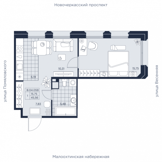 Однокомнатная квартира 45.56 м²
