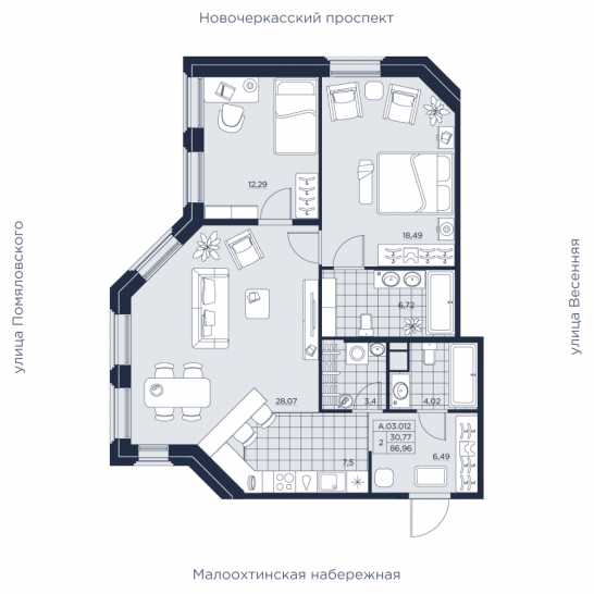 Двухкомнатная квартира 86.96 м²
