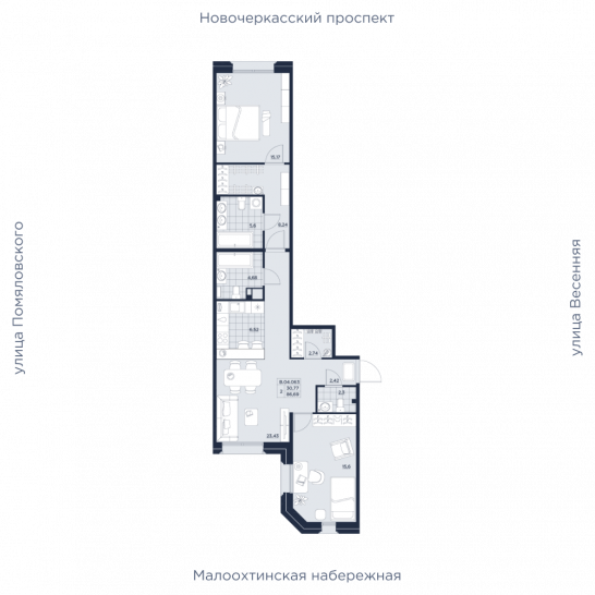 Двухкомнатная квартира 86.69 м²