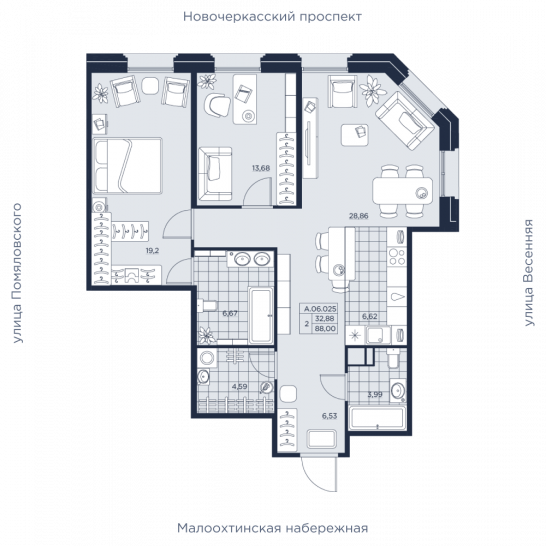 Двухкомнатная квартира 88 м²