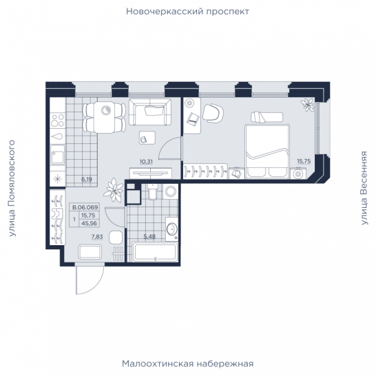 Однокомнатная квартира 45.56 м²