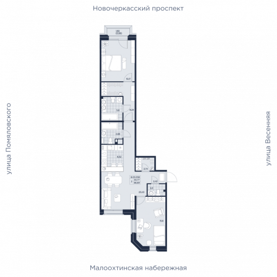 Двухкомнатная квартира 86.69 м²