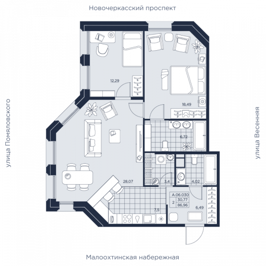 Двухкомнатная квартира 86.96 м²