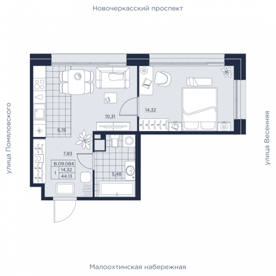Однокомнатная квартира 44.13 м²