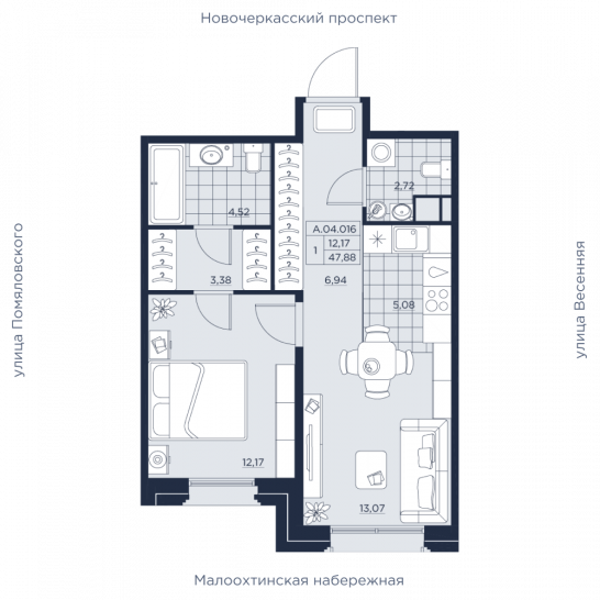 Однокомнатная квартира 47.88 м²