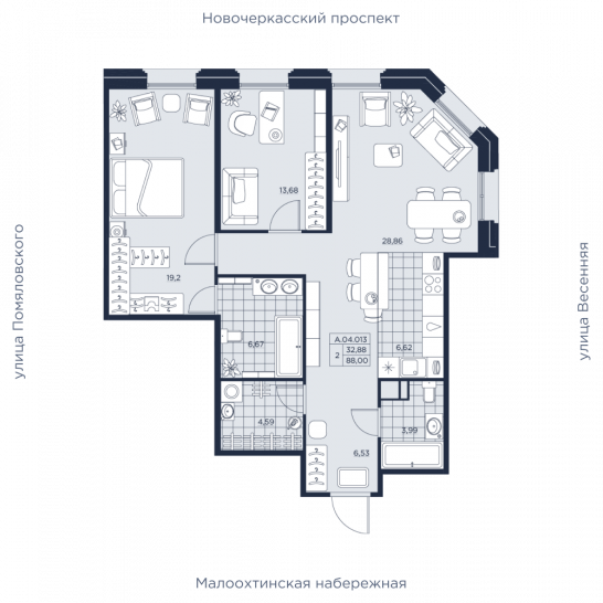 Двухкомнатная квартира 88 м²