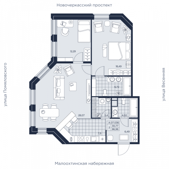 Двухкомнатная квартира 86.96 м²