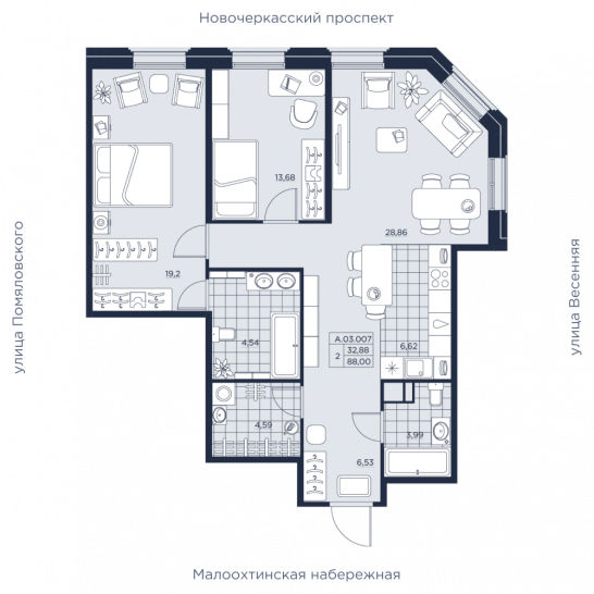 Двухкомнатная квартира 88 м²