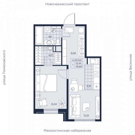 Однокомнатная квартира 45.69 м²
