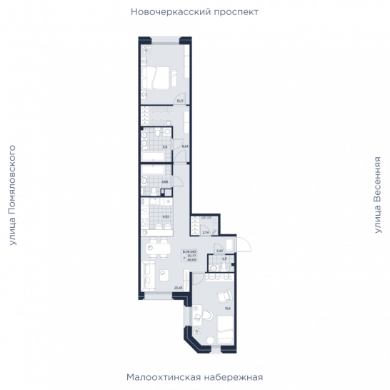 Двухкомнатная квартира 86.69 м²