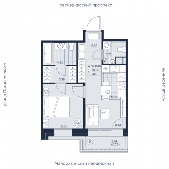 Однокомнатная квартира 42.11 м²