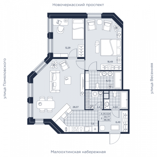 Двухкомнатная квартира 86.96 м²