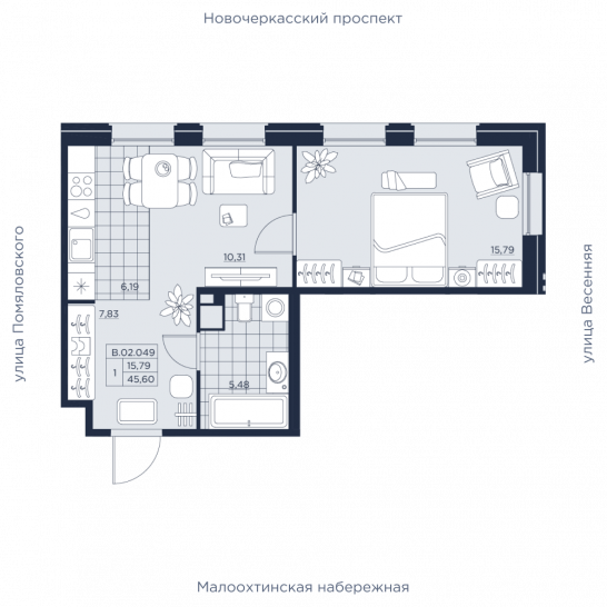 Однокомнатная квартира 45.6 м²