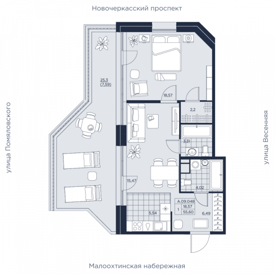 Однокомнатная квартира 55.6 м²